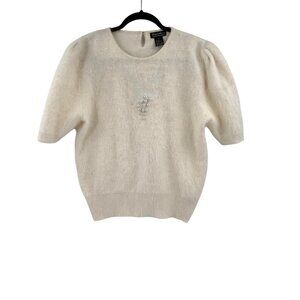 VENESHA Women's White Vintage Angora Blend S/S Embroidered Pearl Grapes Sweater